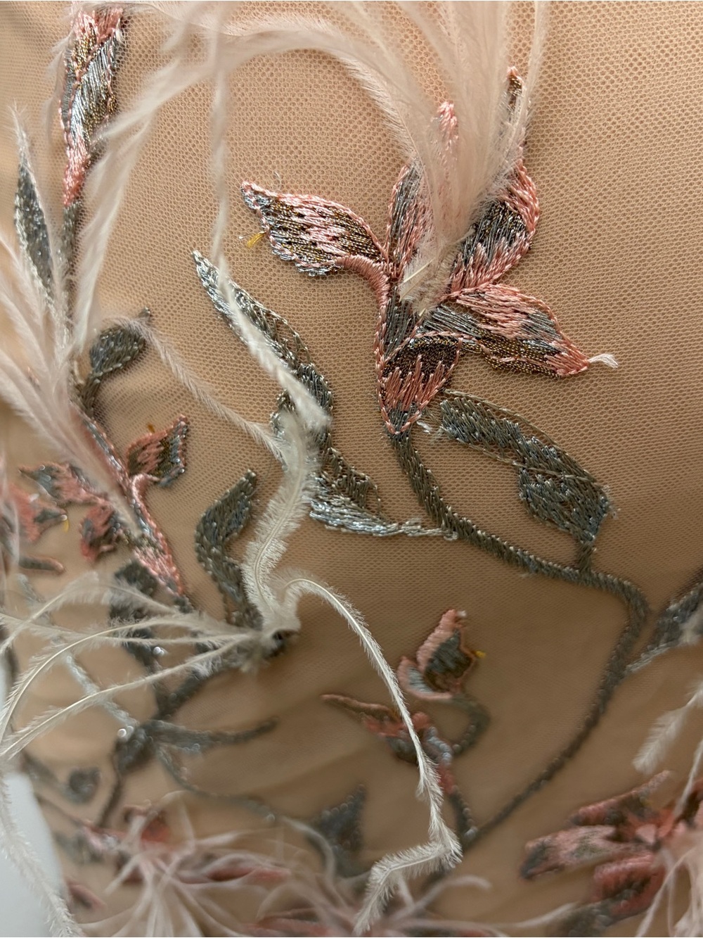 Marchesa Notte Feather-Trim Embroidered Midi Dress in Blush - Size 16 NWT - Picture 5 of 11
